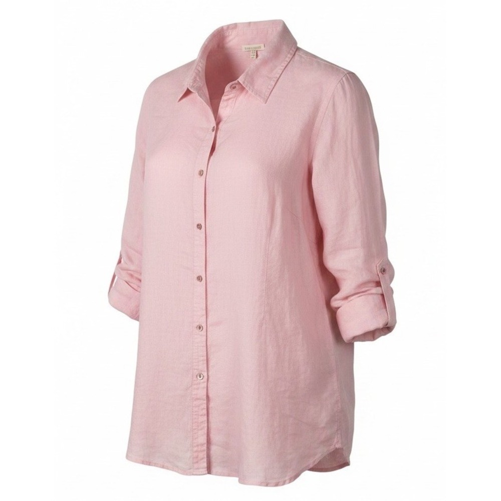 Eileen Fisher Roll Tab Sleeve Pink Organic Irish Linen Button‎ Down Shirt Large